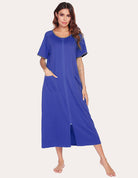Sky blue short-sleeve loungewear dress with front zipper and side pockets, full length