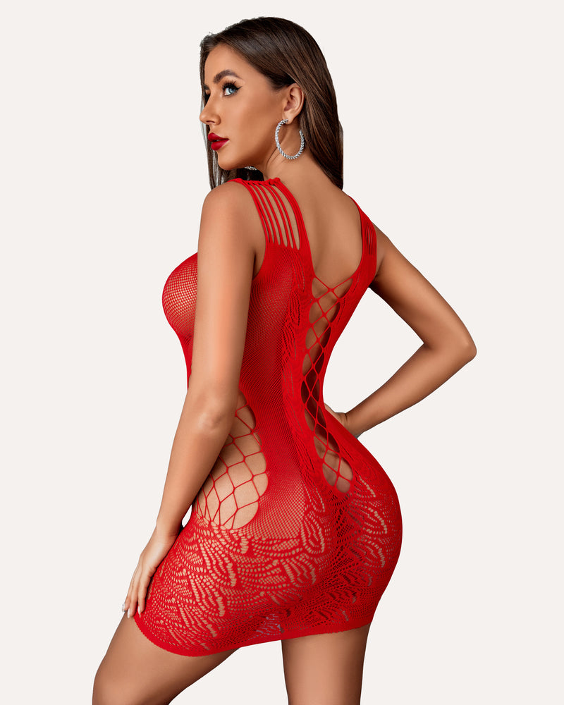 Red fishnet bodycon dress with criss-cross back and side cutouts. Sexy stripper outfit.
