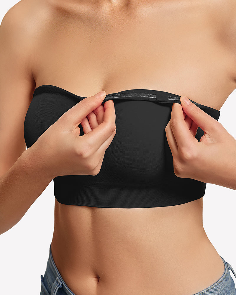 Black strapless bandeau bra close-up with anti-slip silicone grip band at top