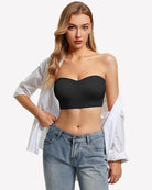 Black strapless push-up bandeau bra with curved neckline and smooth fabric