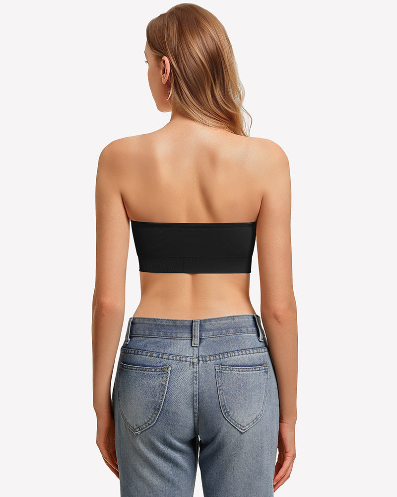 Black strapless bandeau bra back view with wide band