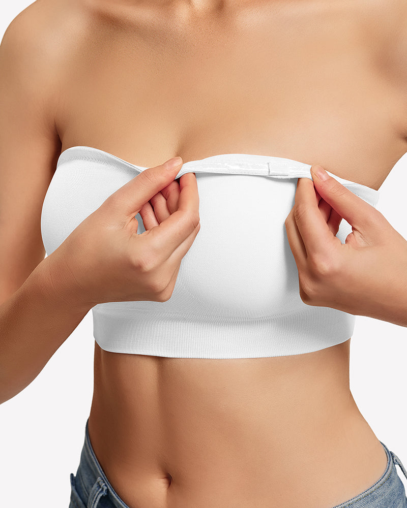White strapless non-slip bandeau bra with push-up cups