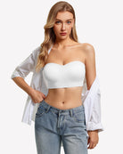 White strapless push-up bandeau bra with curved neckline and smooth fabric