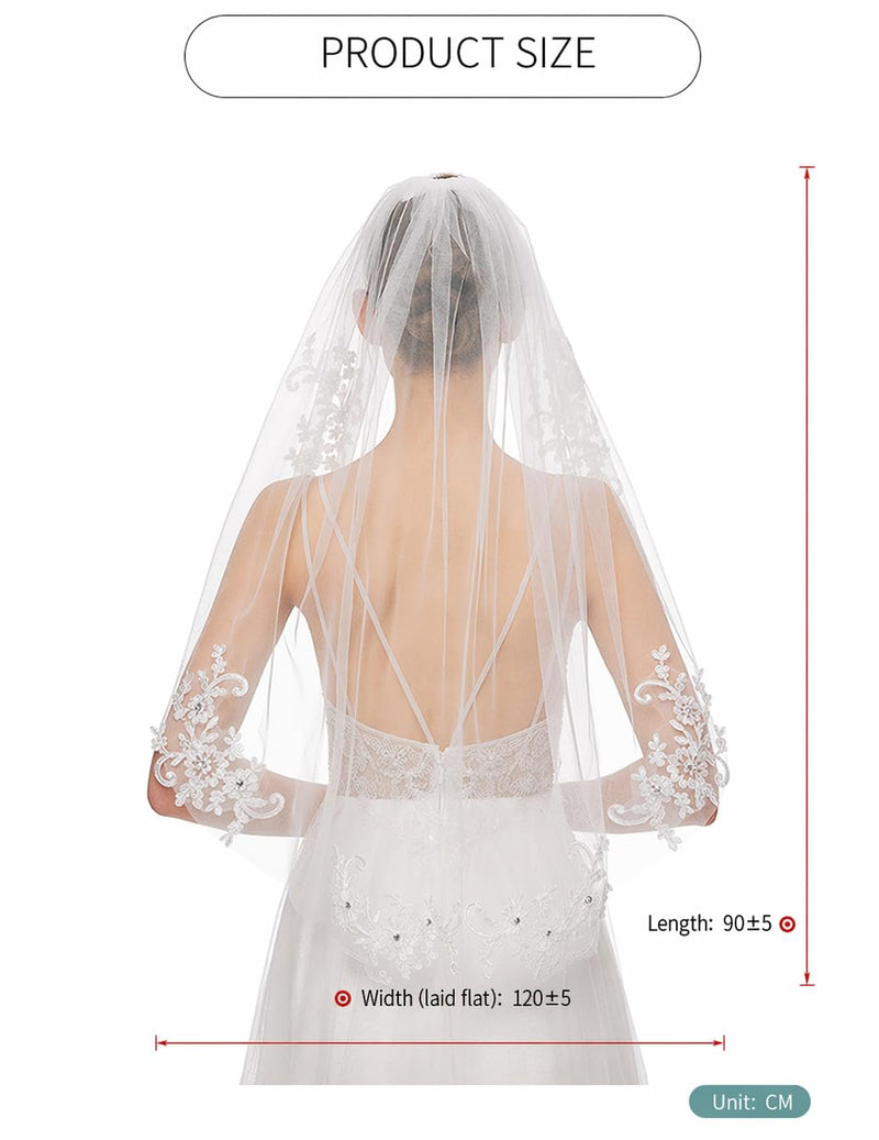 White fingertip veil with scalloped lace trim, product size diagram behind