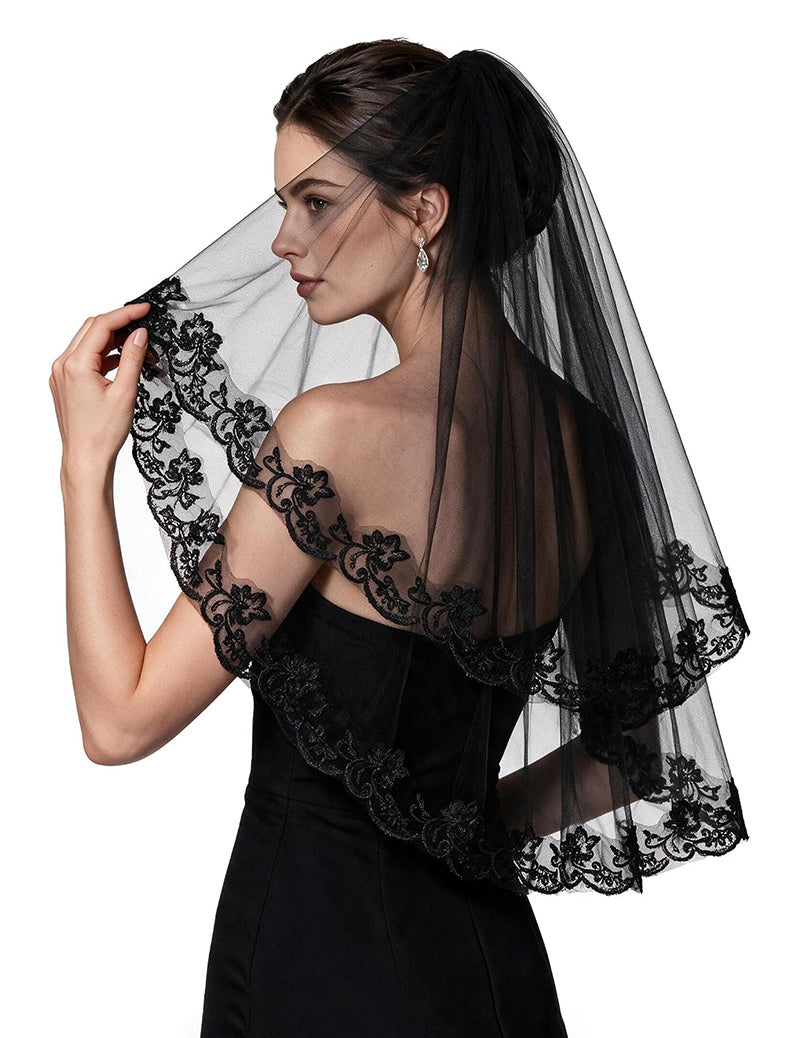 Black tulle wedding veil with lace floral trim, layered fingertip length