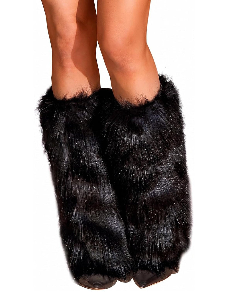 Black long-pile faux fur boot cuffs, fuzzy leg warmers (pair) near ankles