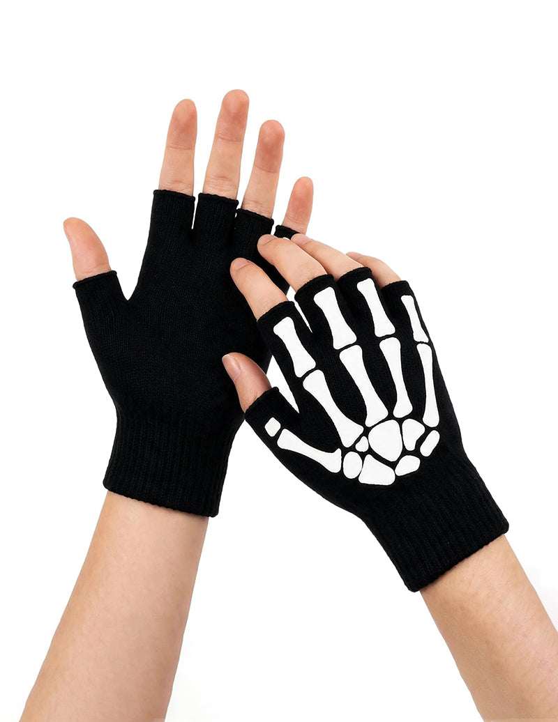 Skeleton Print Knit Gloves Halloween Costume Full Finger or Half Finger Unisex