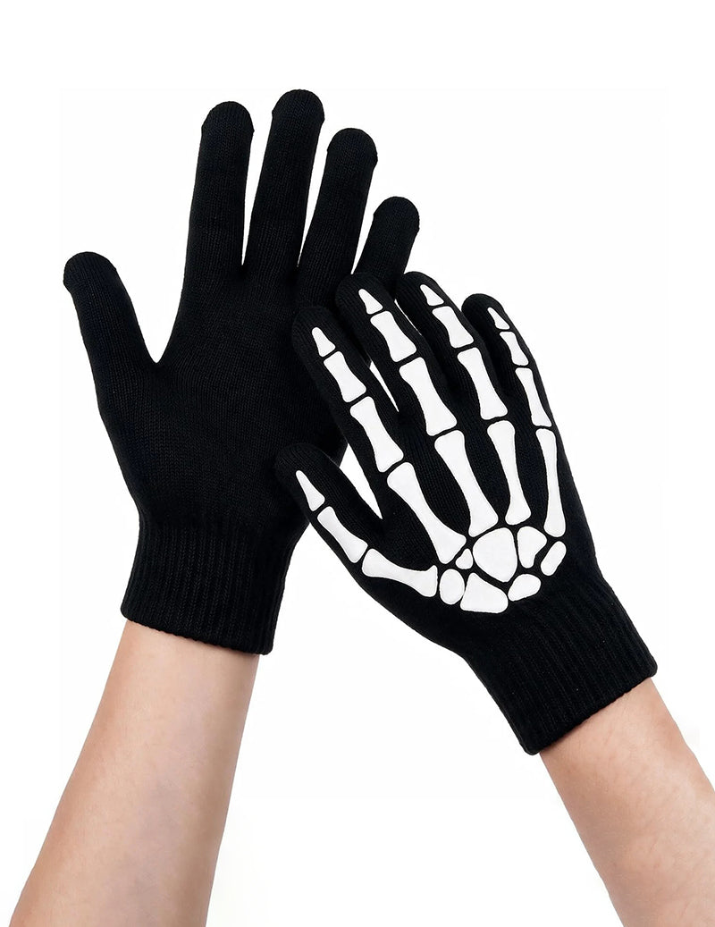 Black skeleton print knit full-finger gloves with covered fingertips