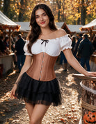Brown underbust corset top with front busk, black layered skirt, and white off-shoulder neckline