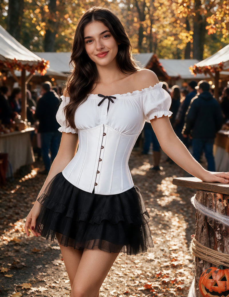 White underbust corset top with front busk and black layered skirt, white off-shoulder bodice