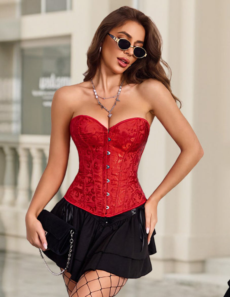 Jacquard Overbust Corset Top Boned Front Busk Bustier Waist Shapewear