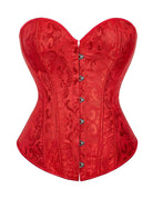 Red jacquard overbust corset with boned waist and front button busk closure