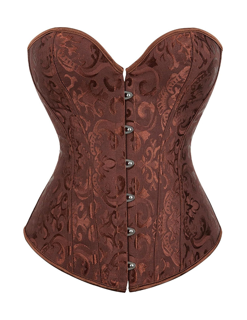 Brown jacquard overbust corset with boned shaping and front button busk closure
