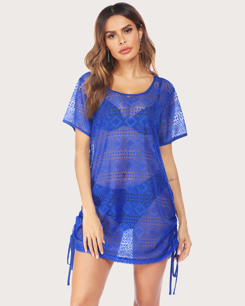 Blue lace beach cover-up with drawstring, ideal for beachwear and swimwear. Quick-drying material.