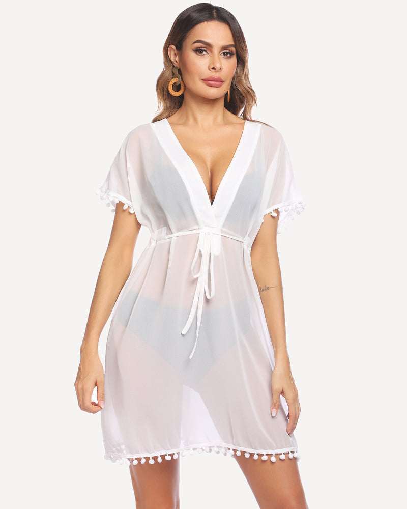 White sheer swimsuit cover-up with tassels and drawstring waist. Perfect beach cover-up for women.