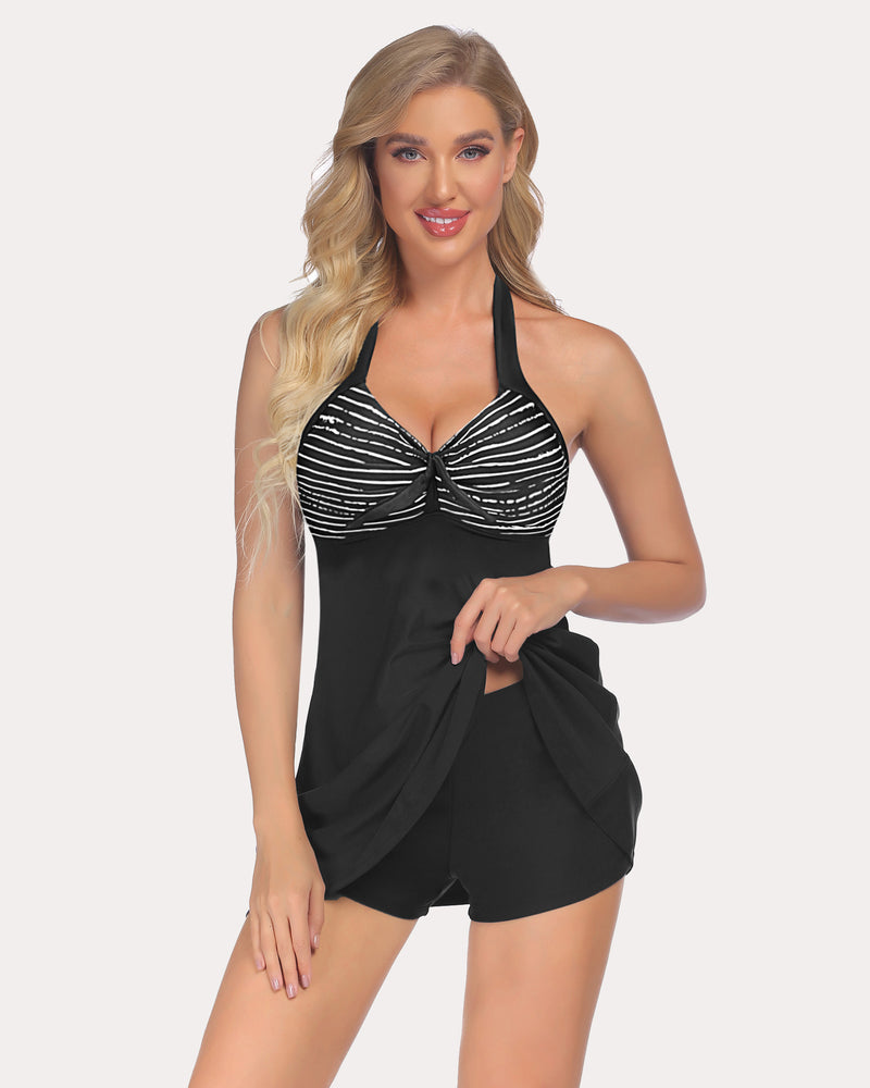 Black and white striped halter tankini swimdress with skirted bottom. Two-piece swimsuit for women.