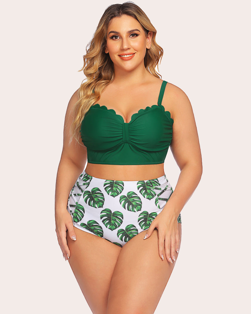 Plus size tummy control swimwear: green scalloped top, palm print high-waisted bottom