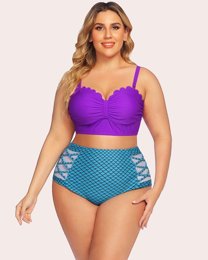 Plus size high-waisted bikini: purple scalloped top, mermaid scale bottom, tummy control.