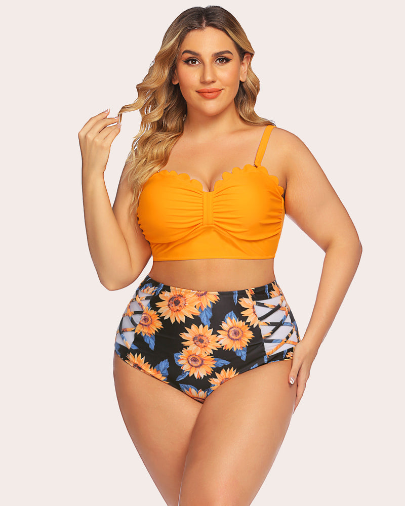Plus size tummy control swimsuit: orange scalloped top, sunflower print high-waisted bottom