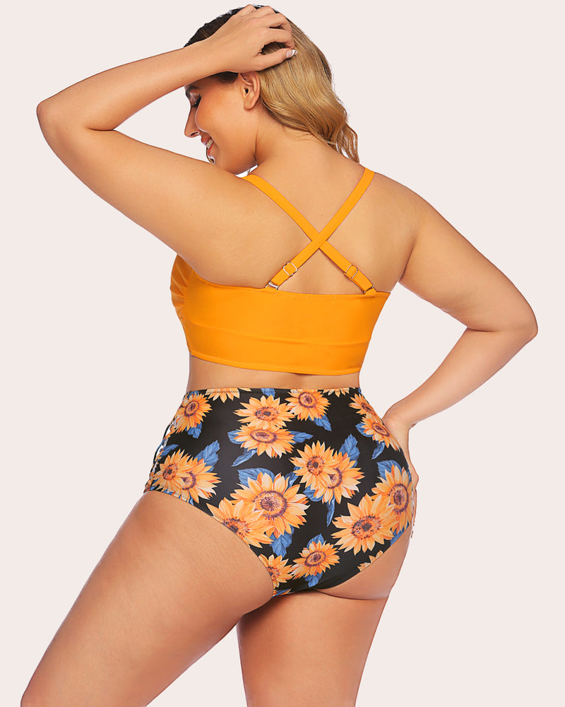 Plus size high-waisted bikini: orange top, sunflower print bottom, tummy control swimwear