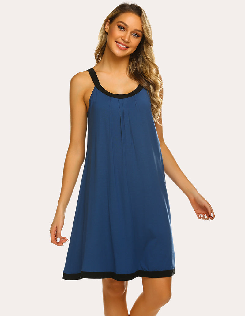 Blue sleeveless nightdress with scoop neck, black trim, and front pleated skirt
