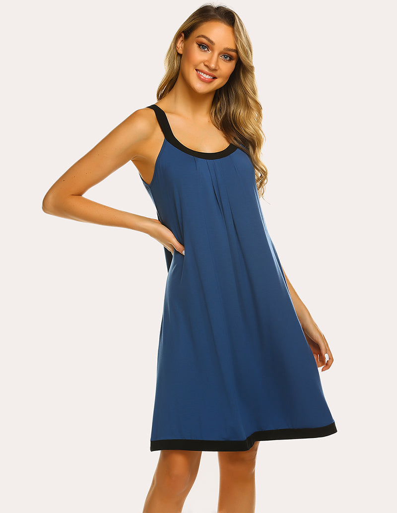 Blue nightdress with black contrast trim, scoop neck, and flared front pleats