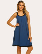 Blue sleeveless nightdress with black contrast trim, scoop neck, and loose fit