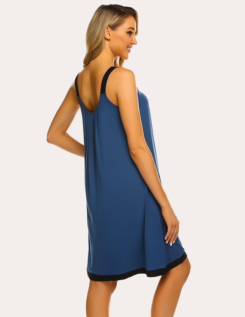 Blue sleeveless nightdress with scoop back and black contrast trim at hem