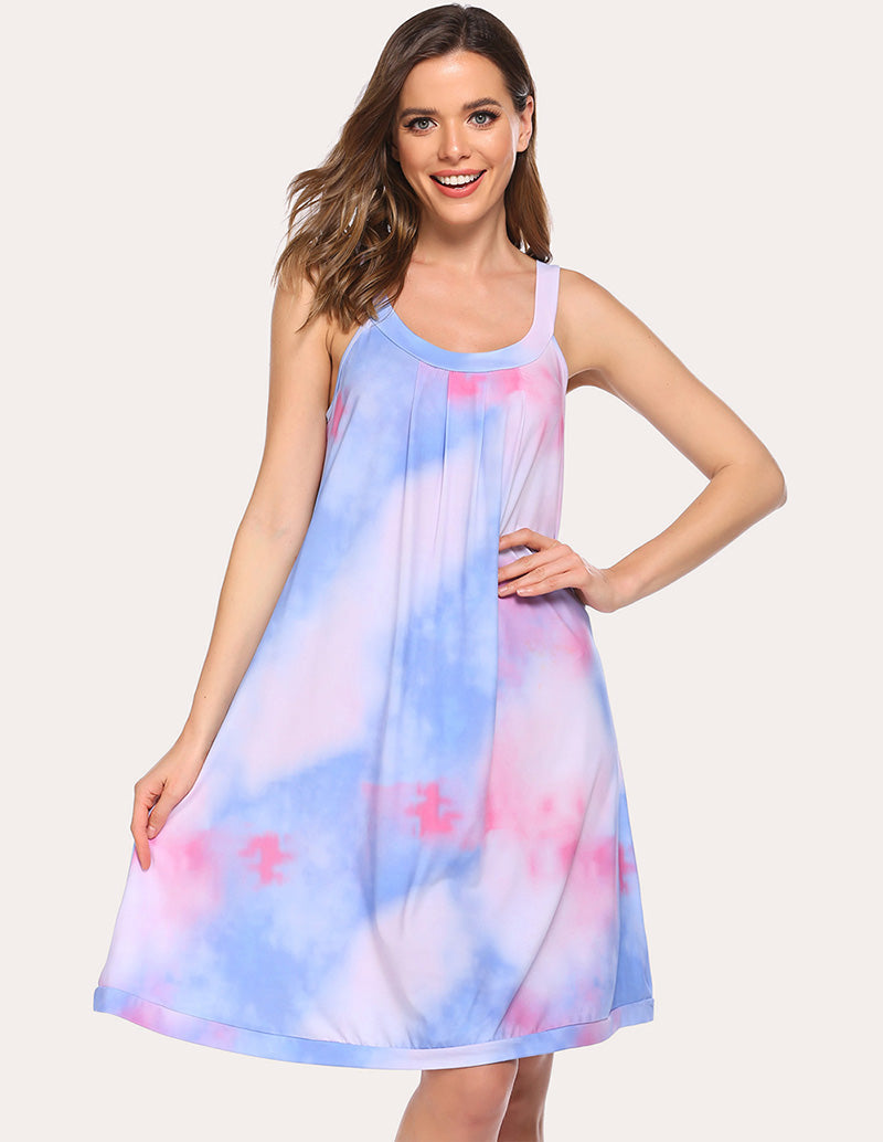 Blue and pink tie-dye nightdress with scoop neck, thin straps, sleeveless