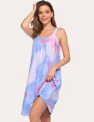 Contrast color front-pleated nightdress in blue-pink tie-dye, sleeveless scoop neck