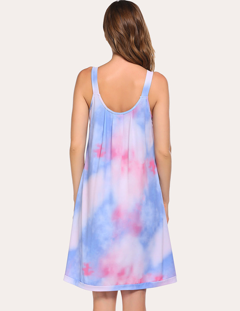 Blue and pink tie-dye sleeveless nightdress with scoop back and thin straps
