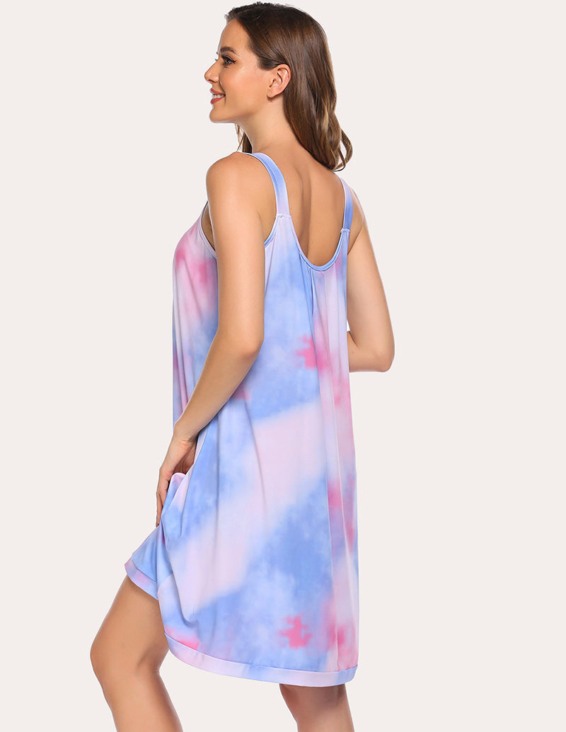 Contrast color front-pleated nightdress in blue-pink tie-dye, sleeveless with scoop back