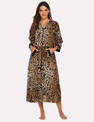 Leopard print 3/4-sleeve zip front nightgown robe with dark trim and side pockets.