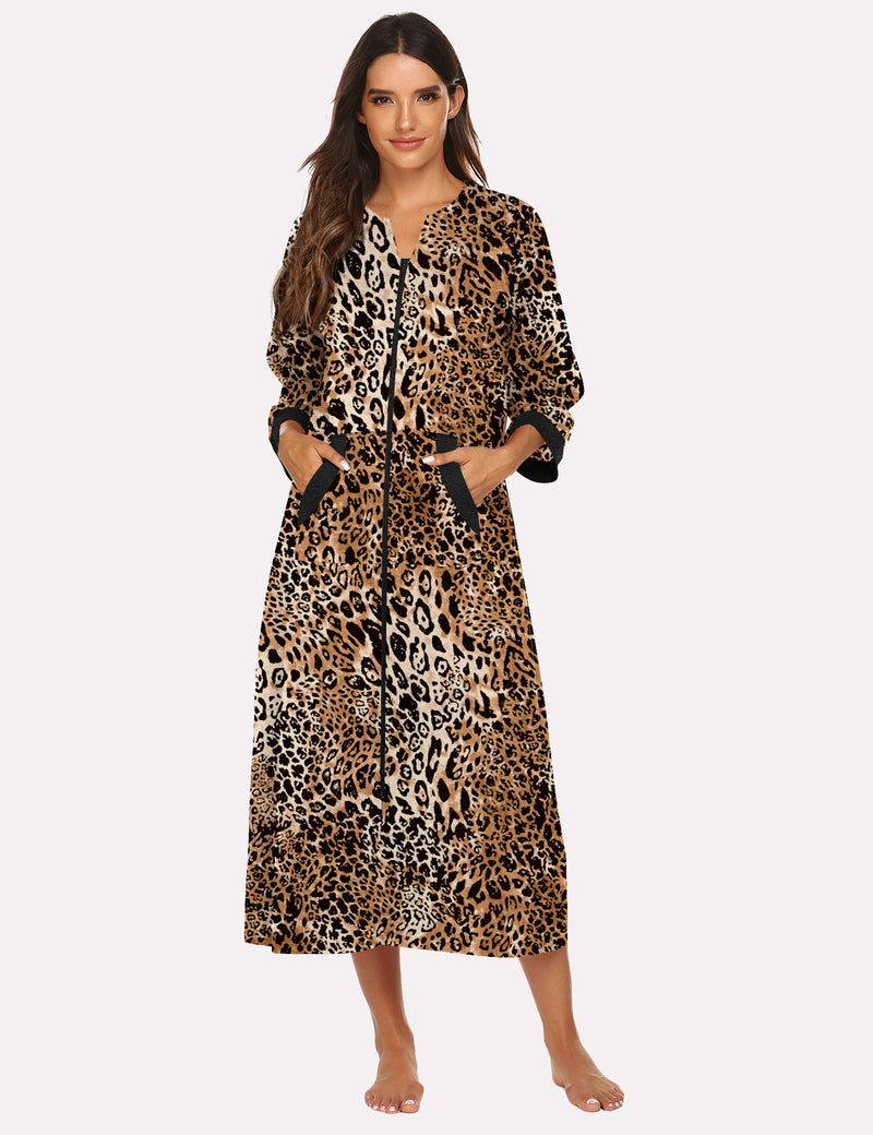 Leopard print 3/4-sleeve zip front nightgown robe with dark trim and side pockets.