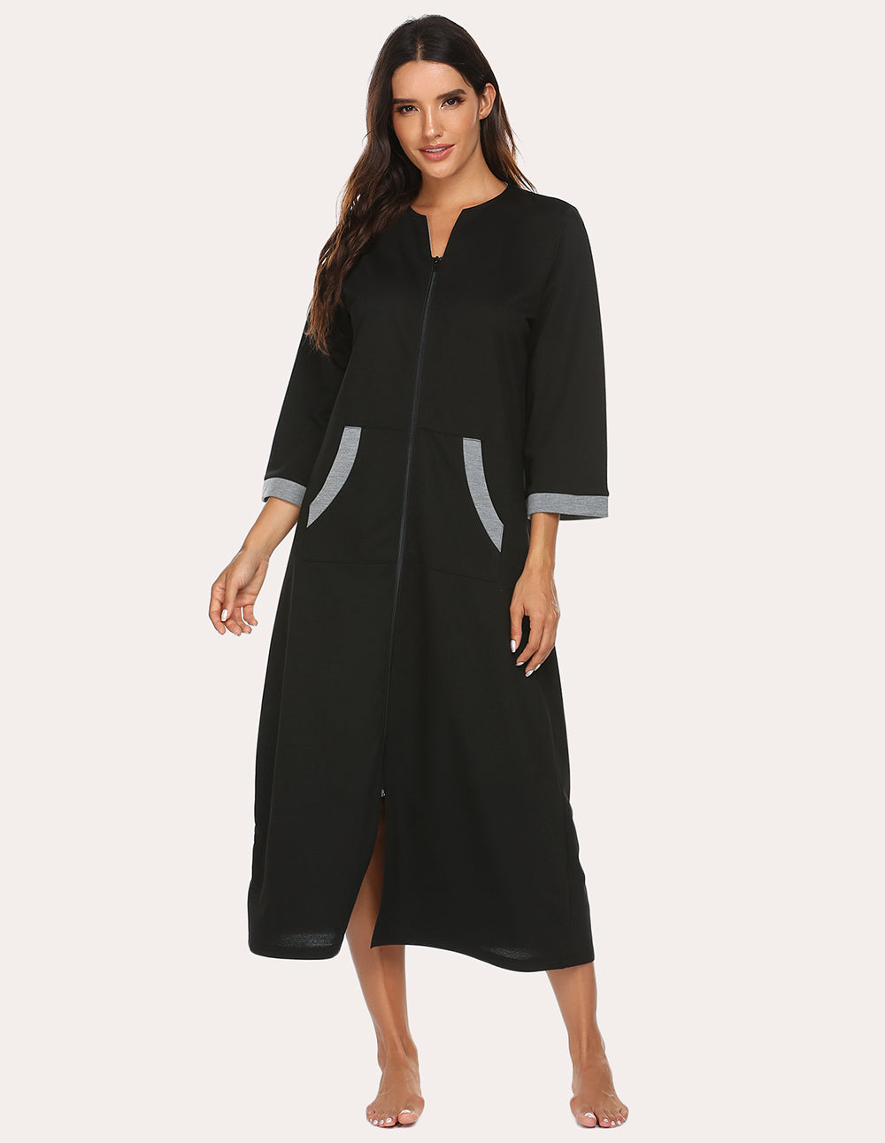 Black 3/4-sleeve zip front nightgown robe with gray cuffs and side pocket openings.