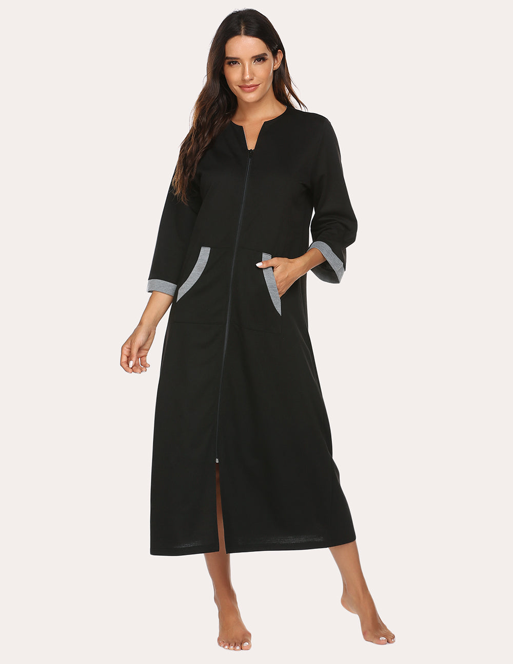 Black 3/4-sleeve zip front nightgown robe with gray cuff trim and side pockets.
