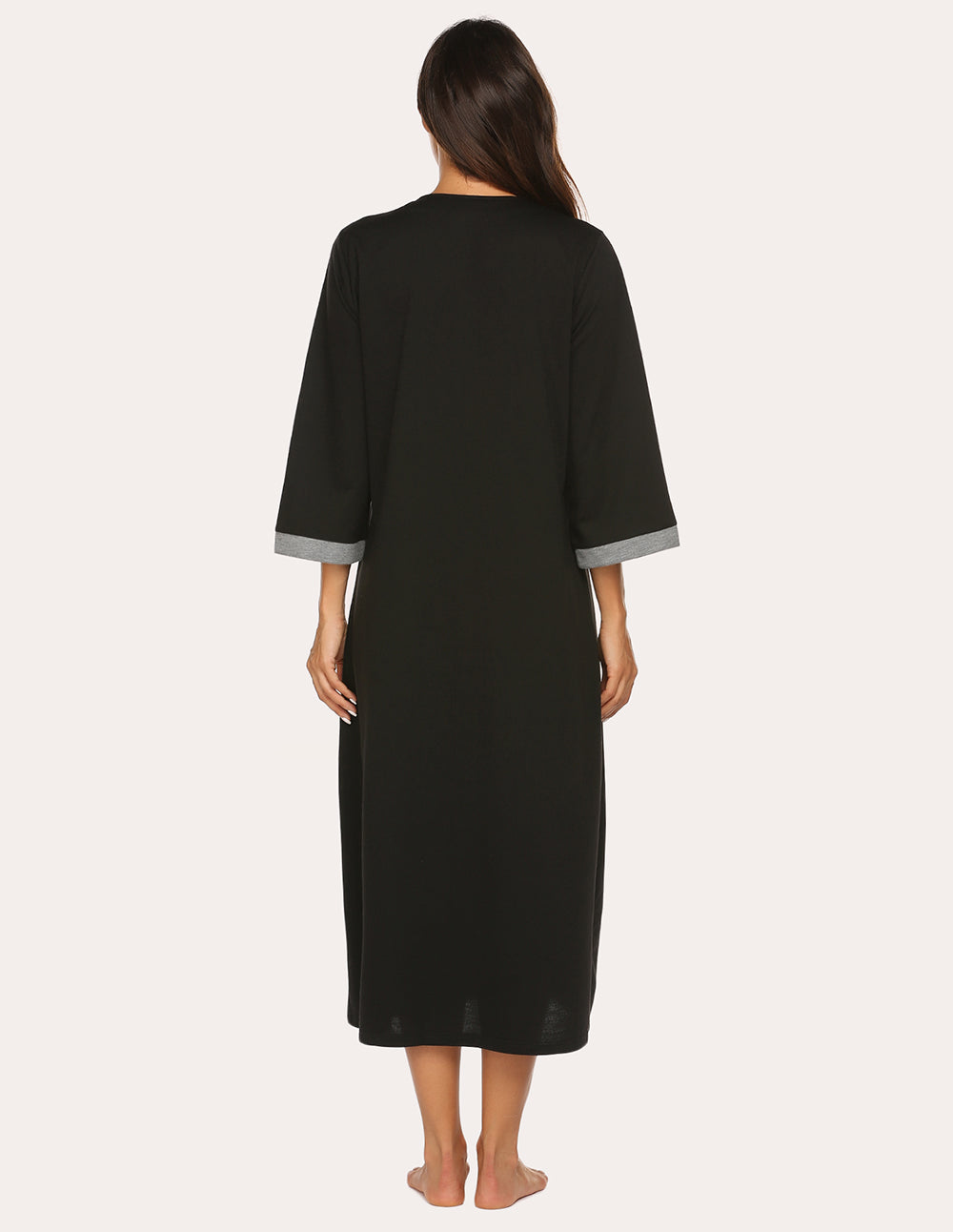 Back view of black 3/4-sleeve zip front nightgown robe with gray sleeve cuffs.