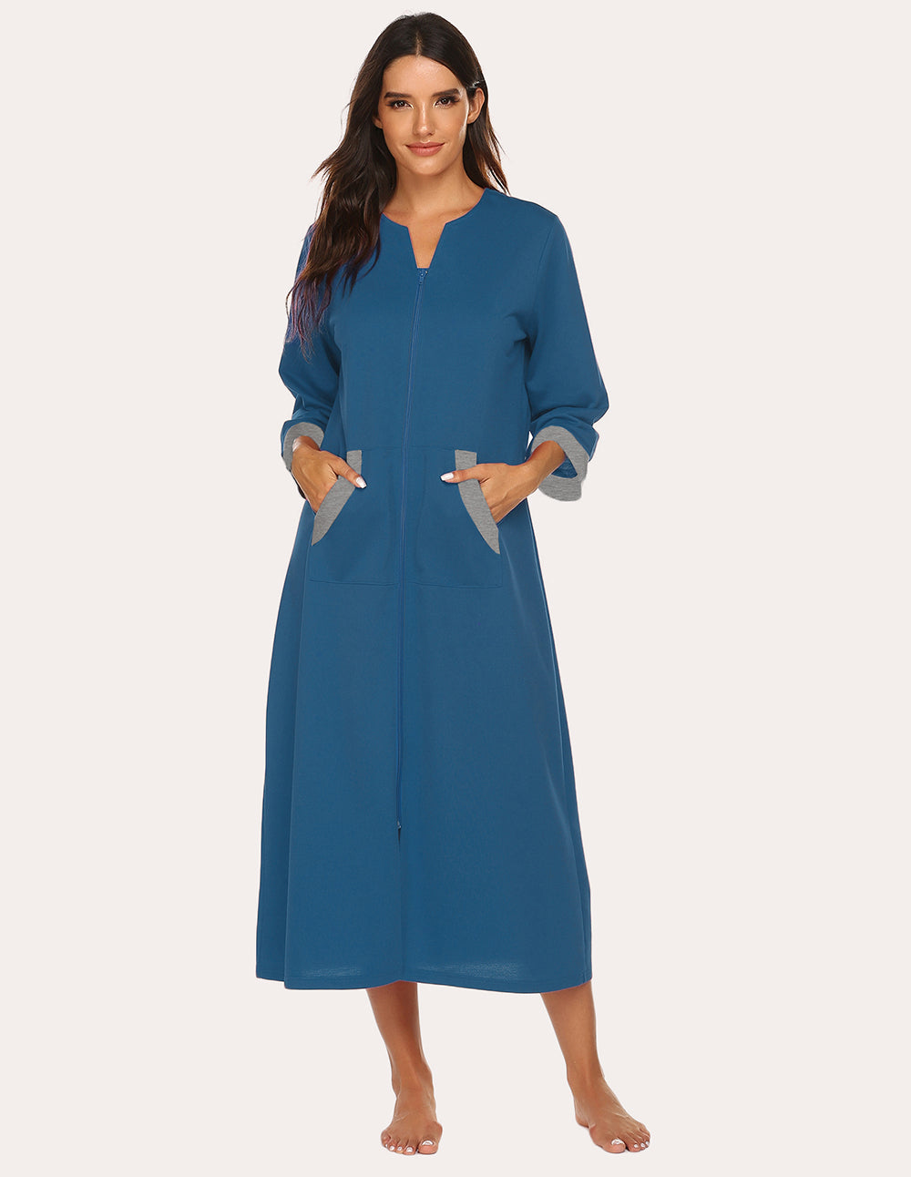 Blue 3/4-sleeve zip front nightgown robe with gray cuff trim and side pockets.