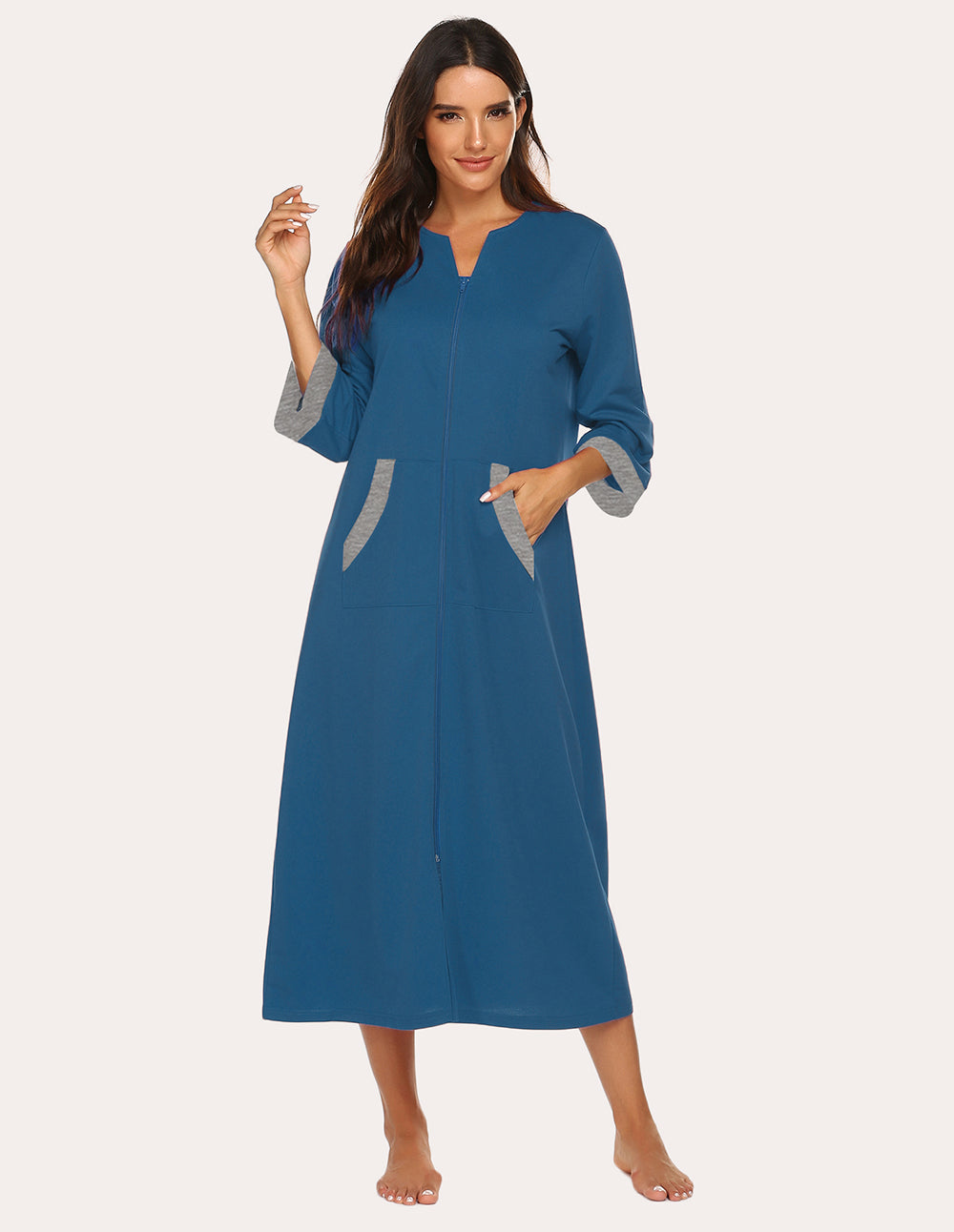 Blue 3/4-sleeve zip front nightgown robe with gray pocket panels and cuff trim.