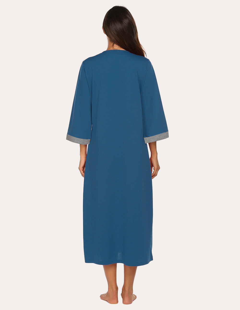 Back view of blue 3/4-sleeve zip front nightgown robe with gray sleeve cuffs.