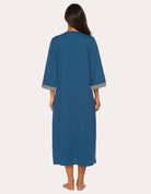 Back view of blue 3/4-sleeve zip front nightgown robe with gray sleeve cuffs.