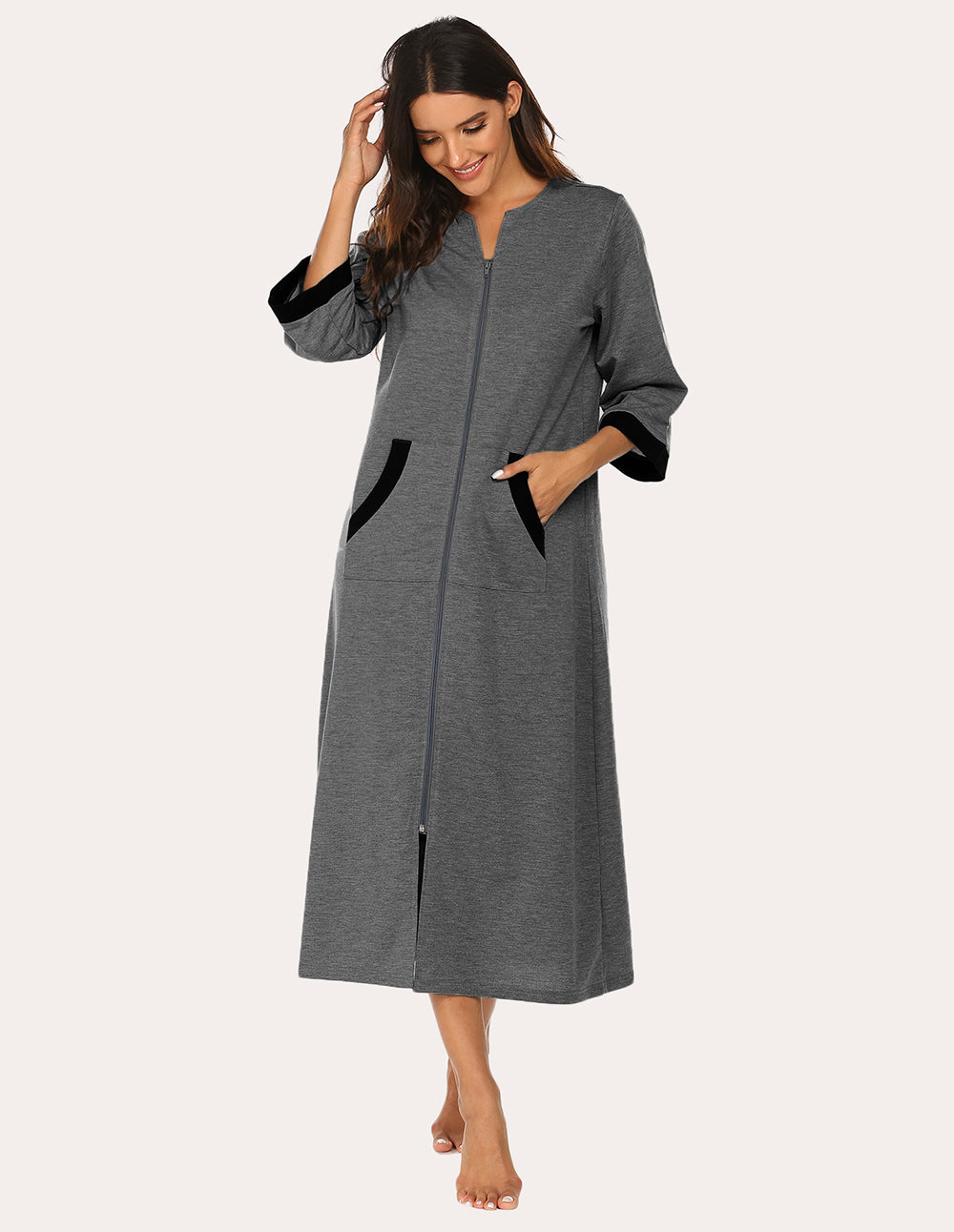 Heather gray 3/4-sleeve zip front nightgown robe with dark trim and side pockets.