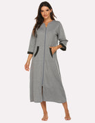 Heather gray zip-front nightgown robe with 3/4 sleeves and side slit hem
