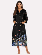 Black zip-front nightgown robe with floral print and 3/4 sleeves