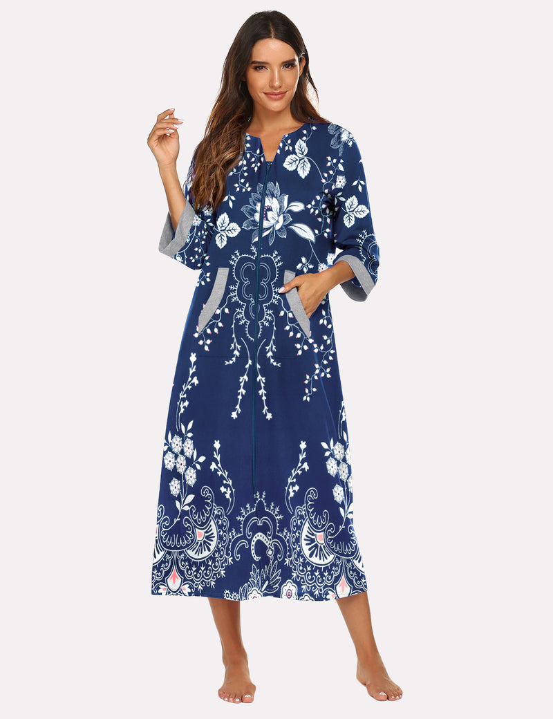 Blue zip-front nightgown robe with white floral pattern and 3/4 sleeves