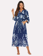 Blue zip-front nightgown robe with white floral pattern and 3/4 sleeves