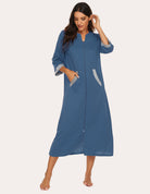Blue 3/4-sleeve zip front nightgown robe with gray pocket accents and split hem.