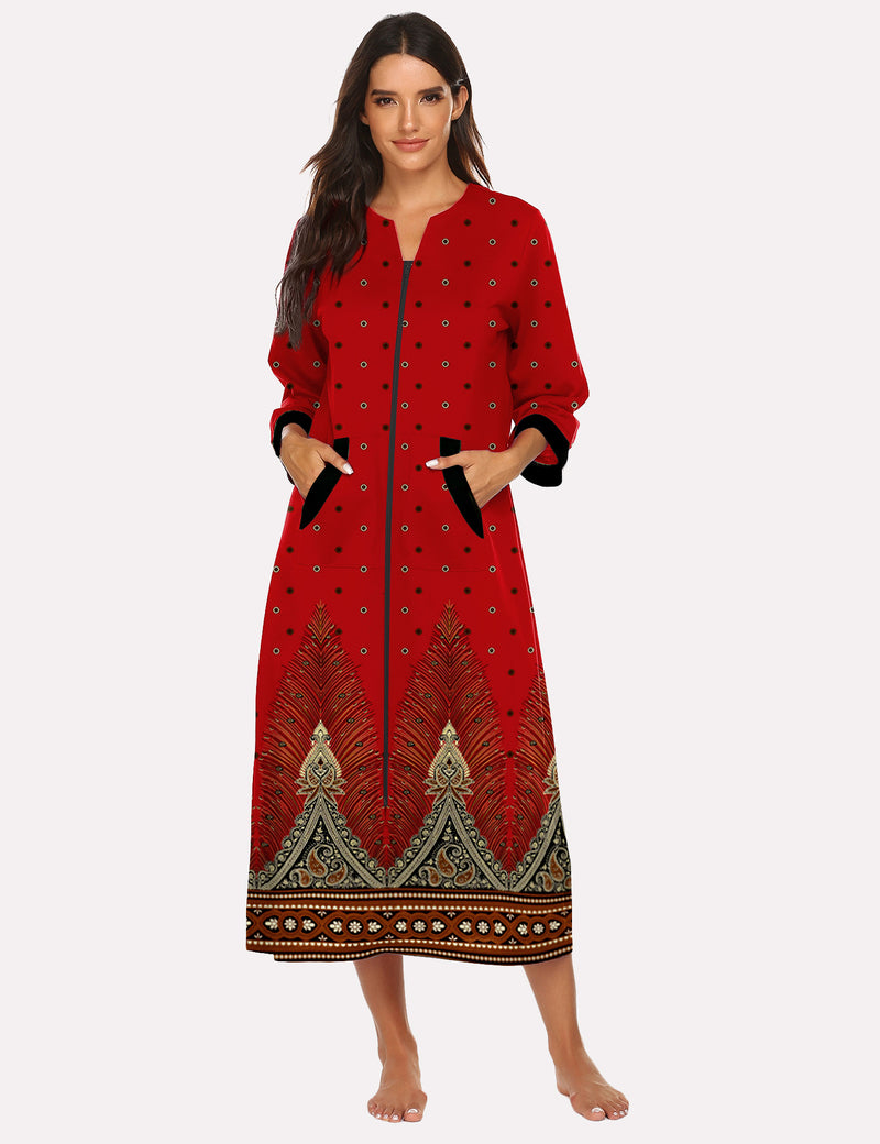 Red zip-front nightgown robe with small-dot print and decorative hem border