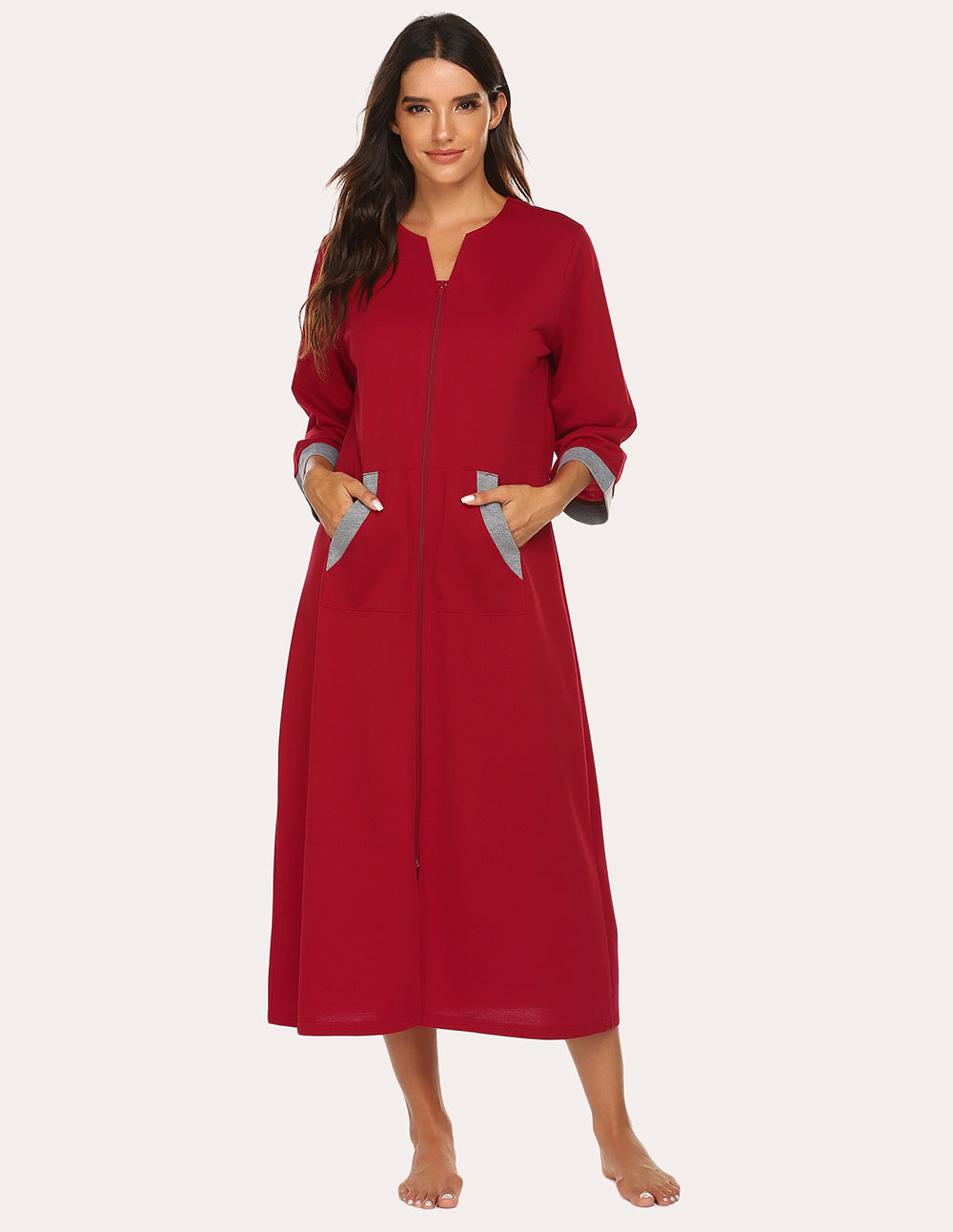 Wine red zip-front 3/4 sleeve nightgown robe with V-neck and side pockets