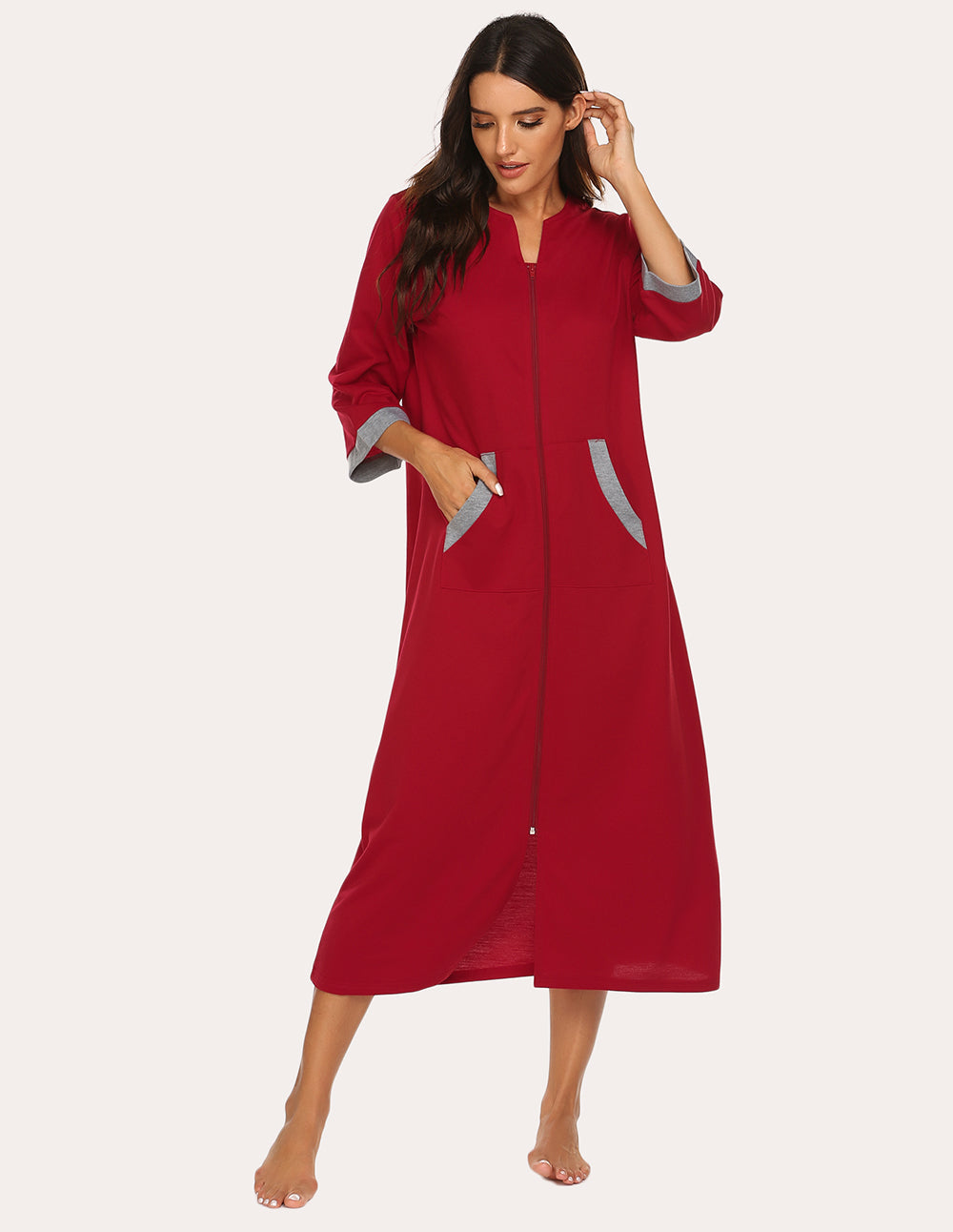 Wine red zip-front nightgown robe with 3/4 sleeves and patch pockets